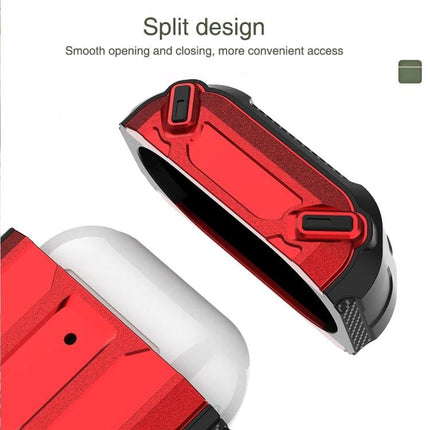 Protective Case for AirPods in Daily Travel and Commutes — red split-design hard shell case with carabiner for secure commuting