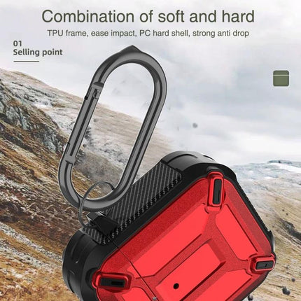 Protective Case for AirPods in Daily Travel and Commutes — rugged red and black anti-drop case with carabiner for commuting and travel