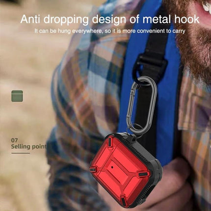 Protective Case for AirPods in Daily Travel and Commutes - red rugged case with metal hook clipped to backpack for commuting and travel