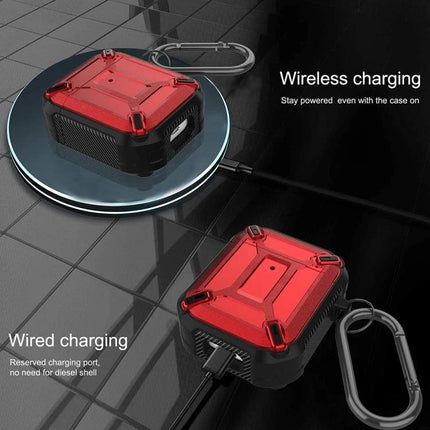 Protective Case for AirPods in Daily Travel and Commutes - red rugged AirPods case shown with wireless and wired charging, carabiner for commute protection