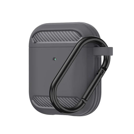 Practical Protective Case for AirPods in Daily Life - gray silicone case with charging access and attached carabiner clip