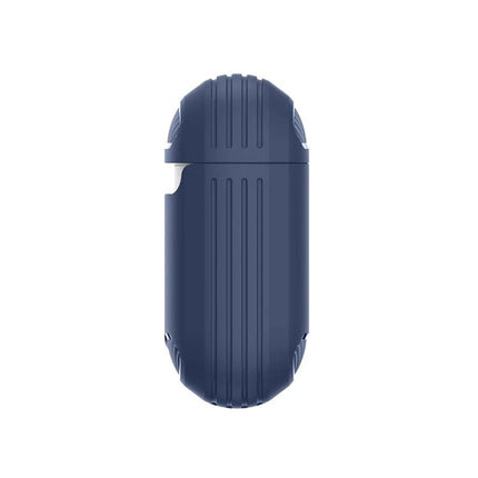 Practical Protective Case for AirPods in Daily Life — navy ribbed silicone case with carabiner hook, dust- and scratch-resistant, charging-friendly