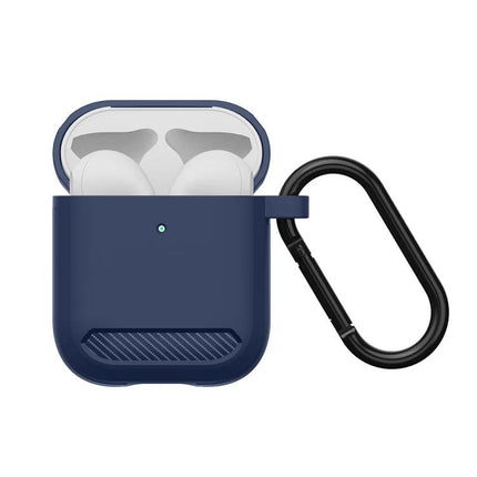 Practical Protective Case for AirPods in Daily Life navy silicone case with carabiner, open lid showing earbuds and easy charging indicator