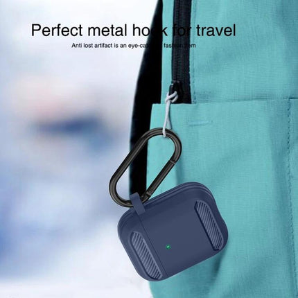 Practical Protective Case for AirPods in Daily Life - navy case with hook clipped to backpack pocket