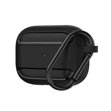 Practical Protective Case for AirPods in Daily Life - black slim case with carabiner, dust and scratch protection, quick charge access