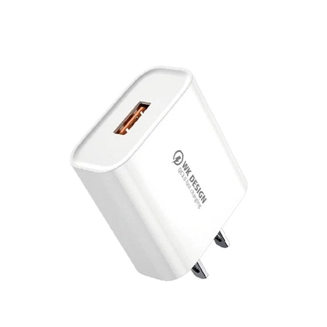 WK WP-U57 18W QC3.0 Fast Charger With USB To Micro USB Data Cable US EU UK Plugs white compact USB wall charger with QC3.0 port
