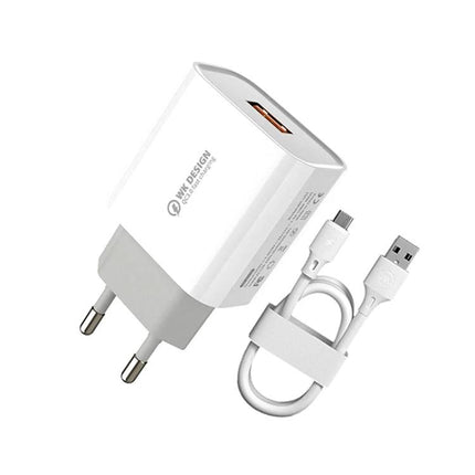 WK WP-U57 18W QC3.0 Fast Charger With USB To Micro USB Data Cable US EU UK Plugs white compact wall adapter with USB-A port and included micro USB cable