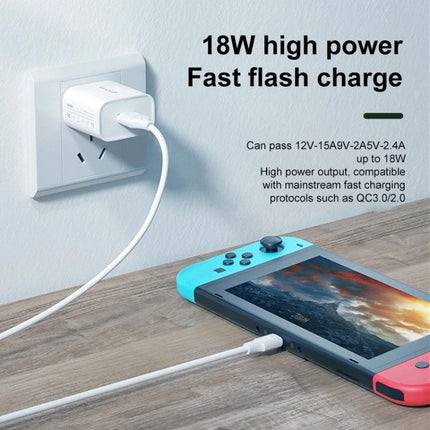 WK WP-U57 24W QC3.0 Fast Charger With USB To 8 Pin Cable US EU UK Plug white 24W QC3.0 wall charger with cable and gaming console on table