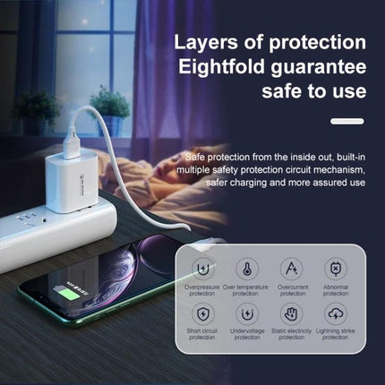 Alt Tag: WK WP-U57 24W QC3.0 Fast Charger With USB To 8 Pin Cable US EU UK Plug white compact charger shown charging a smartphone on a nightstand