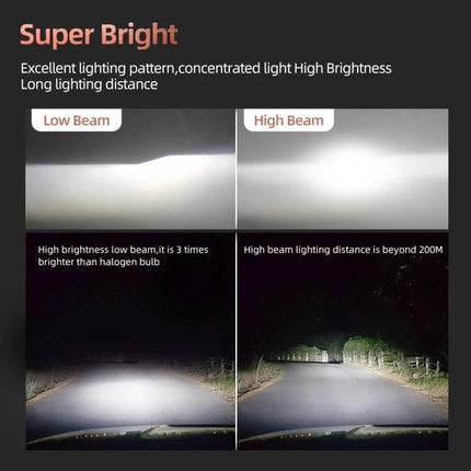 Car LED Headlights Waterproof For Reliable Night Driving showing low beam vs high beam night illumination and long-distance visibility