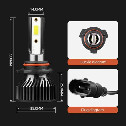 Car LED Headlights Waterproof For Reliable Night Driving - closeup COB LED bulb with aluminum heatsink, 6000K, waterproof buckle and plug diagrams