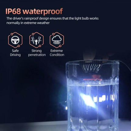 Car LED Headlights Waterproof For Reliable Night Driving showing IP68 waterproof test with bright 6000K LED submerged in water for safe night driving