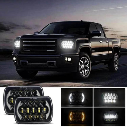 7 Inch Square LED Headlight Lamps For Jeep Wrangler mounted on black truck showing bright LEDs and multiple beam modes