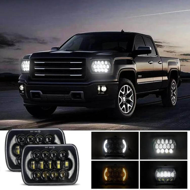 7 Inch Square LED Headlight Lamps For Jeep Wrangler mounted on black truck showing bright LEDs and multiple beam modes