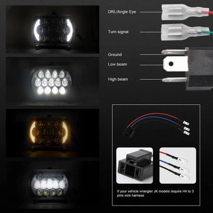 7 Inch Square LED Headlight Lamps For Jeep Wrangler showing LED beam modes, DRL angle eye, turn signal, wiring harness and connectors