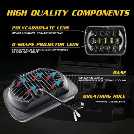 7 Inch Square LED Headlight Lamps For Jeep Wrangler in die-cast aluminum with polycarbonate lens, D-shape projector LEDs and cooling fins