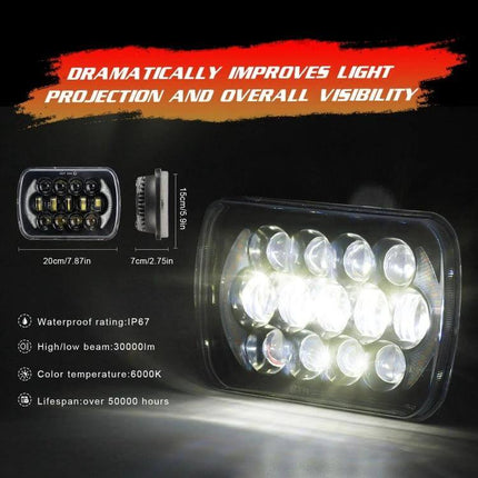 7 Inch Square LED Headlight Lamps For Jeep Wrangler - bright waterproof 6000K die-cast aluminum LED headlights, high/low beam, 50,000+ hour lifespan