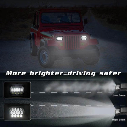 7 Inch Square LED Headlight Lamps For Jeep Wrangler installed on red Jeep at night showing low and high beam beams