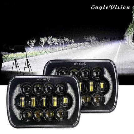 7 Inch Square LED Headlight Lamps For Jeep Wrangler in rugged die-cast housing showing powerful night beam and off-road illumination