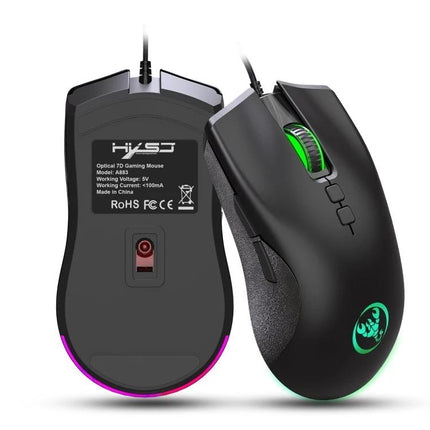 HXSJ Ergonomic Wired Gaming Mouse With Customizable RGB Lighting black ergonomic RGB gaming mouse with textured grip and illuminated scroll wheel