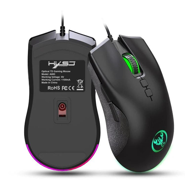 HXSJ Ergonomic Wired Gaming Mouse With Customizable RGB Lighting black ergonomic RGB gaming mouse with textured grip and illuminated scroll wheel