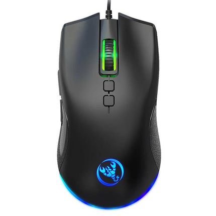 HXSJ Ergonomic Wired Gaming Mouse With Customizable RGB Lighting black ergonomic wired mouse with green scroll light and blue logo glow