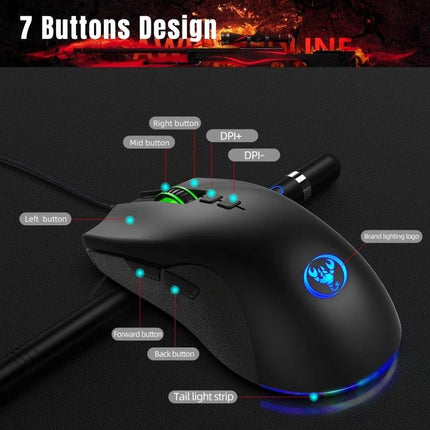 HXSJ Ergonomic Wired Gaming Mouse With Customizable RGB Lighting showing 7-button design, DPI controls, side buttons and RGB tail light