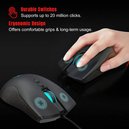 HXSJ Ergonomic Wired Gaming Mouse With Customizable RGB Lighting showing ergonomic grip, durable switches, and turquoise RGB accents
