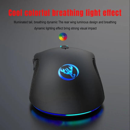HXSJ Ergonomic Wired Gaming Mouse With Customizable RGB Lighting showing ergonomic grip and colorful breathing RGB lighting effect