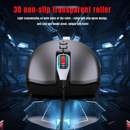 HXSJ Ergonomic Wired Gaming Mouse With Customizable RGB Lighting showing ergonomic shape, 3D non-slip transparent roller and glowing RGB scroll wheel