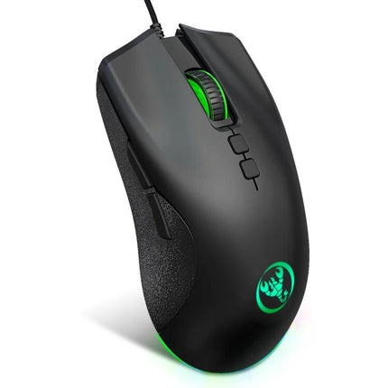 HXSJ Ergonomic Wired Gaming Mouse With Customizable RGB Lighting - black ergonomic gaming mouse with green RGB scroll wheel and logo