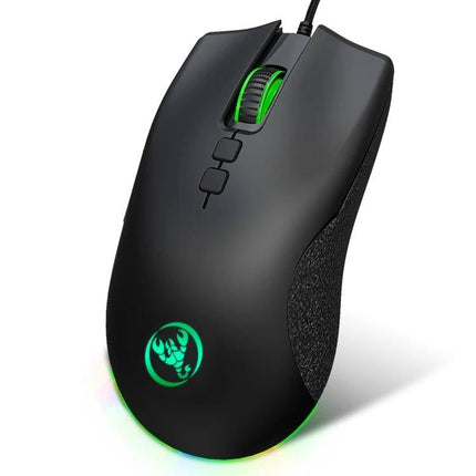HXSJ Ergonomic Wired Gaming Mouse With Customizable RGB Lighting – black ergonomic wired mouse with green RGB scroll wheel and logo