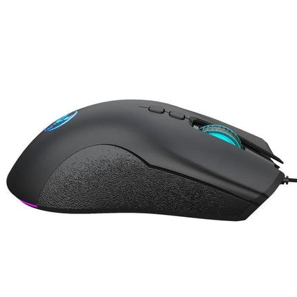 HXSJ Ergonomic Wired Gaming Mouse With Customizable RGB Lighting - black ergonomic wired mouse with textured grip and glowing RGB scroll wheel
