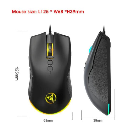HXSJ Ergonomic Wired Gaming Mouse With Customizable RGB Lighting - black ergonomic wired mouse with RGB accents, 125x68x39mm dimensions
