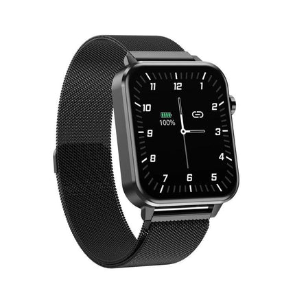 Essential Smart Watch for Daily Health and Activity Tracking - sleek black smartwatch with mesh band showing analogue-style display and activity icons