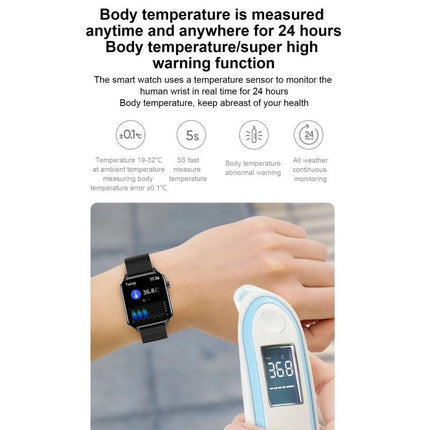 Essential Smart Watch for Daily Health and Activity Tracking showing wrist temperature monitoring and infrared thermometer display