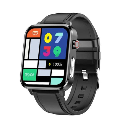 Leather Strap Smart Watch for Daily Health Tracking with black leather band, rectangular color touchscreen showing activity, heart rate and battery