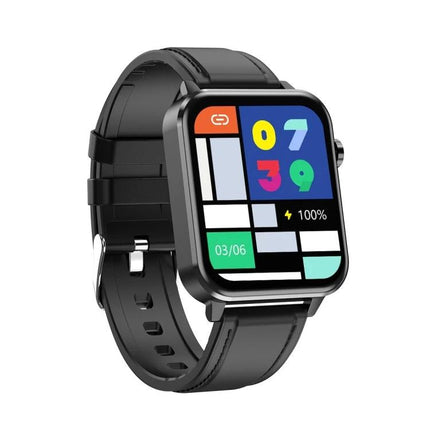 Leather Strap Smart Watch for Daily Health Tracking with black leather band and colorful touchscreen displaying steps and heart rate