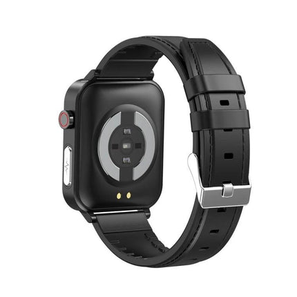 Leather Strap Smart Watch for Daily Health Tracking in black with leather band showing heart-rate sensor and buckle