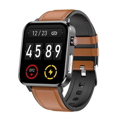 Leather Strap Smart Watch for Daily Health Tracking with brown leather band and heart-rate display