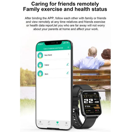 Leather Strap Smart Watch for Daily Health Tracking shown with smartphone app for family health monitoring and step heart rate data