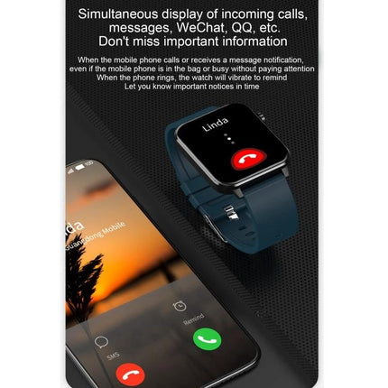 Leather Strap Smart Watch for Daily Health Tracking showing incoming call alert on watch and phone, blue leather strap, heart rate and step tracking icons