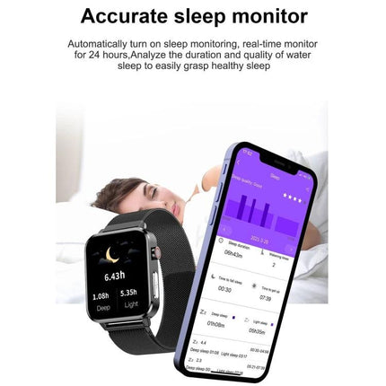 Leather Strap Smart Watch for Daily Health Tracking showing sleep monitor screen with watch and smartphone app