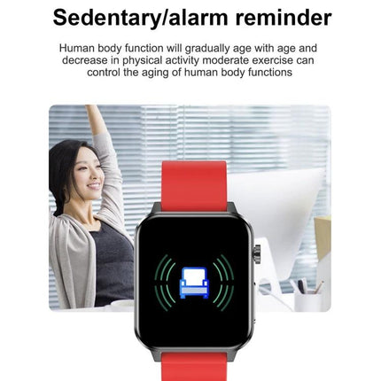 Leather Strap Smart Watch for Daily Health Tracking showing sedentary alarm screen with red leather strap and office background