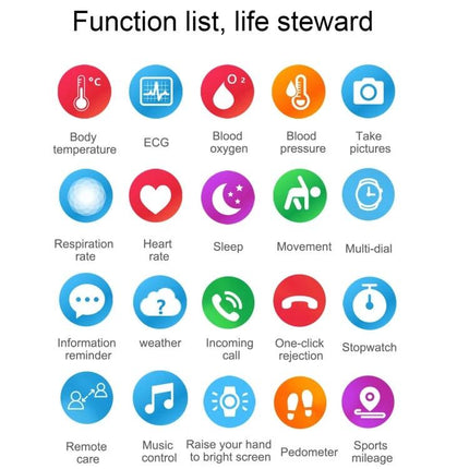 Leather Strap Smart Watch for Daily Health Tracking displaying icons for heart rate, blood oxygen, blood pressure, steps, sleep, calls and other health features