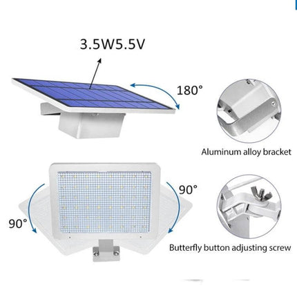 48LED Detachable Solar Light IP65 Waterproof Outdoor Courtyard Lamp showing 3.5W solar panel, 180° tilt, 90° lamp rotation, aluminum bracket and adjustment screw