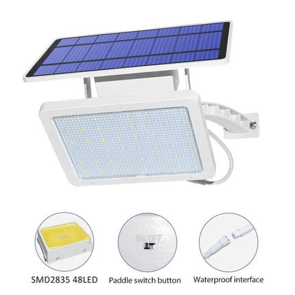 48LED Detachable Solar Light IP65 Waterproof Outdoor Courtyard Lamp shown mounted with solar panel, 48 LEDs, paddle switch and waterproof connector