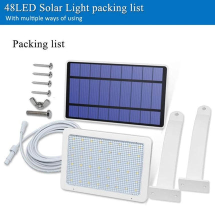48LED Detachable Solar Light IP65 Waterproof Outdoor Courtyard Lamp packing list with solar panel, detachable 48LED lamp, 3m cable, screws and mounting brackets