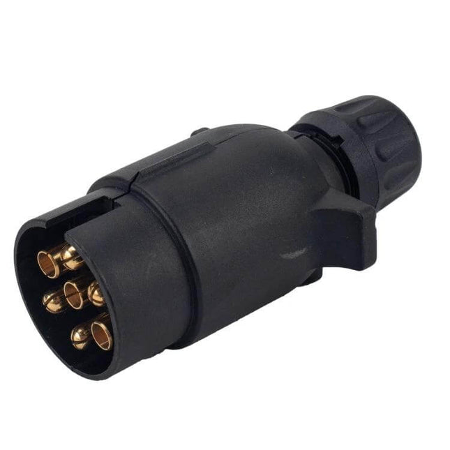 7-Pin EU Trailer Socket Connector for Trucks and Trailers black ABS housing with copper pins for 12V trailer lights, weather-resistant plug