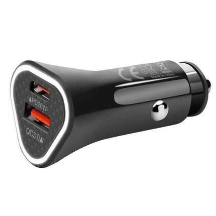 Dual Port Car Charger With PD And QC Fast Charge On The Go compact black dual-port car charger with USB-C PD20W and USB-A QC3.0